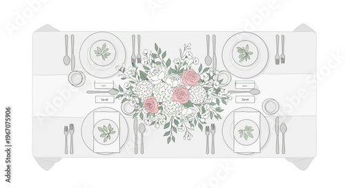 Elegant Wedding Table Setting with Floral Centerpiece and Place Cards - Top View