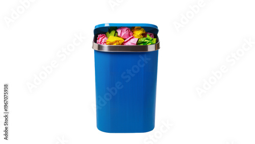 Foto Blue plastic trash can overflowing with colorful crumpled paper, isolated on tra