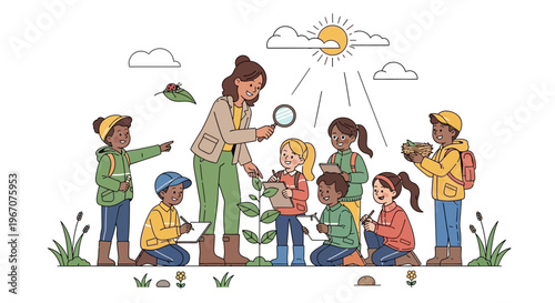 Children Learning Nature Science Outdoors with Teacher