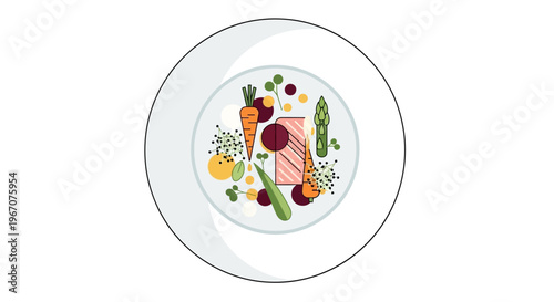 Healthy Salmon Dish with Fresh Vegetables on White Plate, Flat Design Illustration