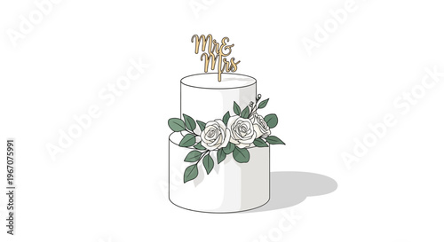 Elegant Two-Tier Wedding Cake with "Mr & Mrs" Topper and Floral Decoration