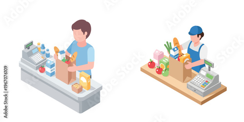 Grocery Store Checkout: A cashier assisting a customer at the checkout counter, bagging groceries. Featuring a register, various food items, and the setting of a supermarket.