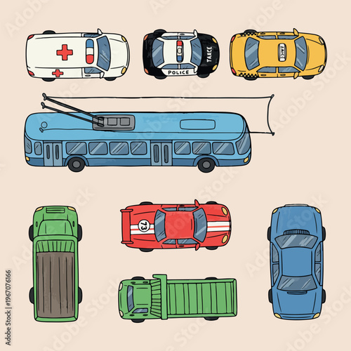  City public transport and car collection, hand drawn bus and tram illustration, modern taxi and passenger car design, urban traffic and transportation icons, vehicle set for city mapping, commute and