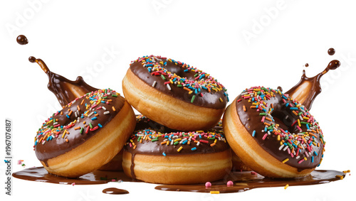 Chocolate frosted donuts with colorful sprinkles and chocolate splash, isolated on transparent background