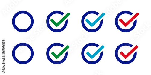 Check mark icon vector design set. Vector icon sheet with various approved ticks, checkmarks, and thumbs up Ideal for UI design. Vector Illustration.