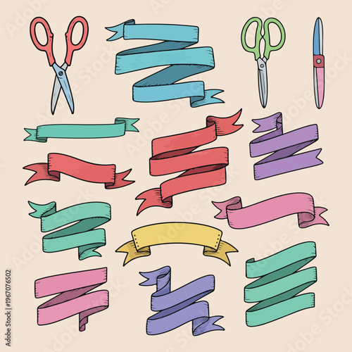 Decorative ribbons and stationery scissors, hand drawn sewing and craft tools illustration, colorful banner ribbons and labels design, office supply and school scissors icons, diy craft project elemen