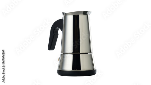 Photos Shiny metallic coffee maker with black handle, isolated on transparent backgroun