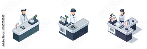 Store Checkout Collection: A detailed illustration captures multiple store checkout counters, showcasing workers attending customers in a seamless service environment.