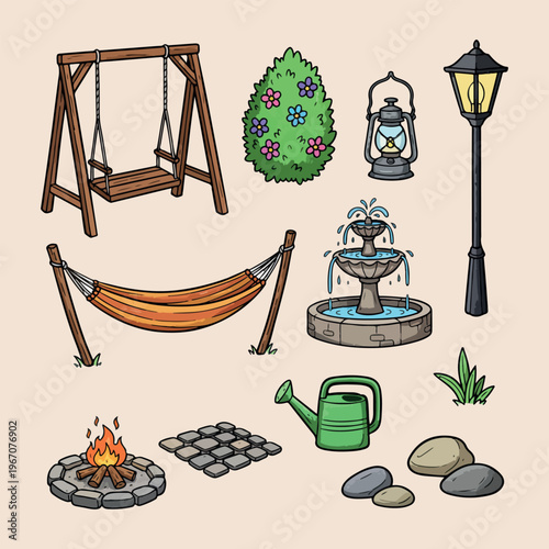 Backyard garden accessories and decor set, hand drawn birdhouse and hammock illustration, garden fountain and street lamp design, watering can and flower pot icons, campfire and stone path doodle set,