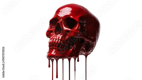 Glossy red skull dripping blood, isolated on transparent background