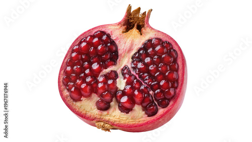 Half ripe pomegranate with juicy red arils, isolated on transparent background
