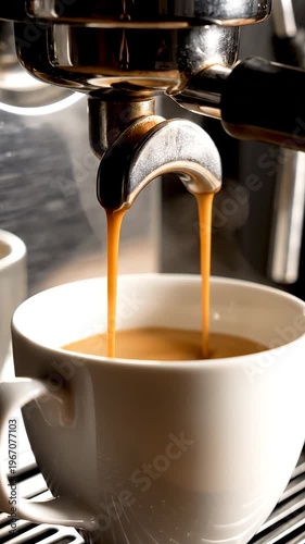 Coffee pouring into white cup from machine.