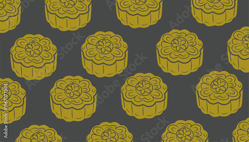 Mooncake Pattern Design. Seamless Festival Food Illustration. Traditional Chinese Pastry Motif. Handdrawn Vintage Style. Background For Packaging Textile.