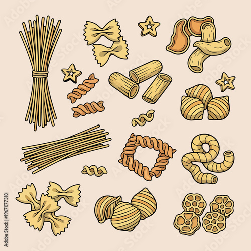 Variety of dry pasta shapes, hand drawn italian food illustration, spaghetti and farfalle macaroni design, fusilli and penne pasta set, mediterranean kitchen ingredients, gourmet italian cuisine doodl