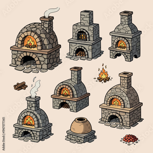 Traditional outdoor stone oven collection, hand drawn pizza and bread oven, rustic fireplace and stove illustration, old fashioned brick oven design, garden cooking equipment set, ancient baking stone