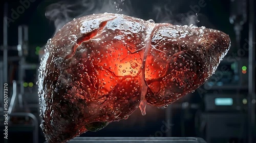 human liver glowing red with internal heat and covered in bubbles and steam in a dark laboratory setting with medical equipment in the