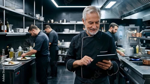 Smiling Elderly Chef Man in Black Uniform Uses Tablet in Modern Commercial Kitchen with Team Working Behind Him During Busy Service with Flames on