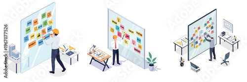 Innovative Idea and Strategic Planning: The scene unveils a collaborative work environment with professionals brainstorming, strategizing, and organizing ideas on transparent boards. 