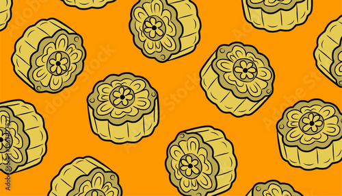 Mooncake Pattern Design. Seamless Festival Food Illustration. Traditional Chinese Pastry Motif. Handdrawn Vintage Style. Background For Packaging Textile.