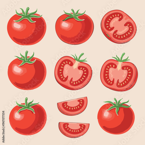 Fresh red tomato and slices set, hand drawn organic garden vegetable illustration, cherry tomato and half tomato design, healthy salad cooking ingredients collection, farm fresh produce doodle icons, 