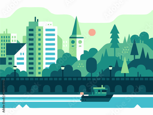 Set of tropical beach landscapes with palm trees, ocean, moon, and bonfire. Minimalist flat vector art in retro colors.