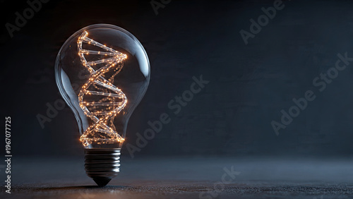 Glowing glass light bulb containing a luminous white DNA double helix strand with copy space on dark blue background