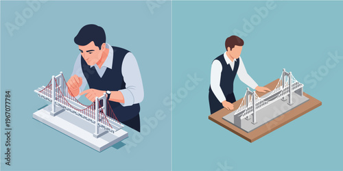 Architectural Blueprint: A dedicated individual meticulously examines a bridge model, embodying the precise planning and intricate design processes essential for structural engineering.