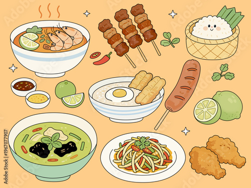 Thai Food Collection Illustration Set with Tom Yum Som Tum and Green Curry