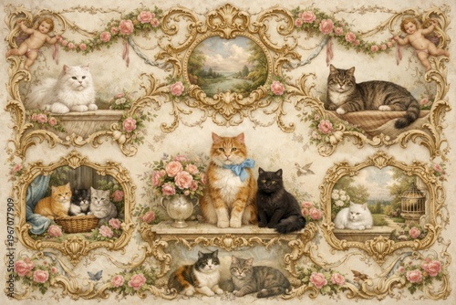 Victorian cats in ornate frames.