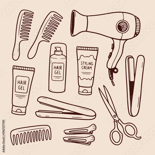 Professional hair salon tools collection, hand drawn beauty parlor equipment, hair dryer and scissors illustration, styling gel and hairbrush design, barber shop accessories set, beauty treatment tool