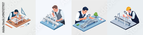 Architects at Work: An Architect meticulously examine bridge model, employing a magnifying glass to scrutinize intricate designs. Witnessing the precision, engineering, and attention to detail.
