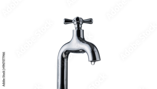 Chrome water tap with a single drop of water falling, isolated on transparent background