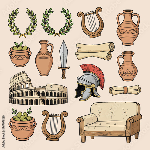 Ancient rome and greek history collection, hand drawn colosseum and gladiator helmet, roman soldier sword and shield illustration, olympic laurel wreath and pottery design, antique empire architecture
