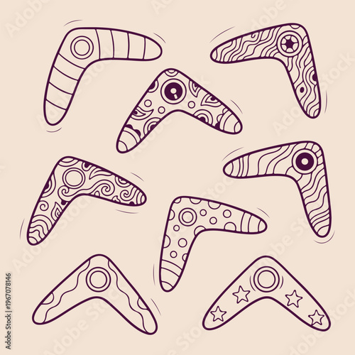 Traditional australian boomerang weapon collection, hand drawn curved hunting tool illustration, wooden throwing stick doodle set, ethnic indigenous hunting gear design, outback survival weapon icons,