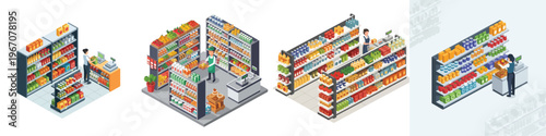 Shop Aisles Showcase: A comprehensive collection of retail supermarket aisles, each meticulously stocked with a vibrant array of groceries.