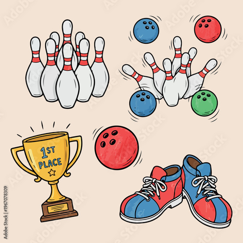 Professional bowling equipment collection, hand drawn pins and ball illustration, bowling trophy and shoes design, sports competition elements set, striking bowling pins doodle, recreational hobby ico