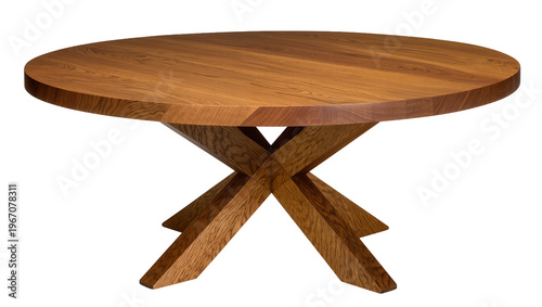 Photos Round wooden coffee table with criss-cross base, isolated on transparent backgro