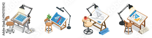 Isometric architectural workstations with drawing boards, lamps, stools, and drafting supplies for design and planning