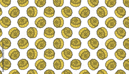 Mooncake Pattern Design. Mooncake Seamless pattern Food Illustration. Traditional Chinese Pastry Motif. Handdrawn Vintage Style. Background For Packaging Textile.