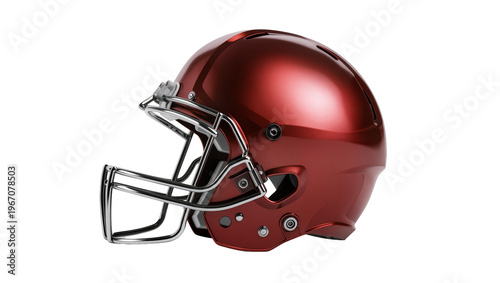 Shiny metallic red American football helmet with silver facemask, isolated on transparent background