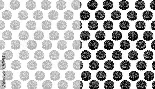 Mooncake Pattern Design. Seamless Festival Food Illustration. Traditional Chinese Pastry Motif. Handdrawn Vintage Style. Background For Packaging Textile.