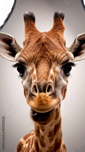 Close up of a giraffe smiling.