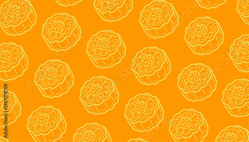 Mooncake Pattern Design. Seamless Festival Food Illustration. Traditional Chinese Pastry Motif. Handdrawn Vintage Style. Background For Packaging Textile.