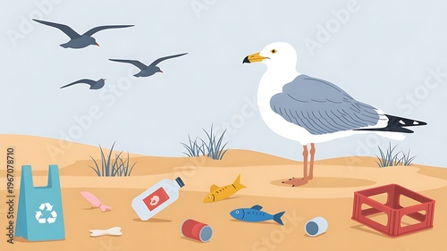Marine bird stands near plastic bottles and refuse scattered along a contaminated coast