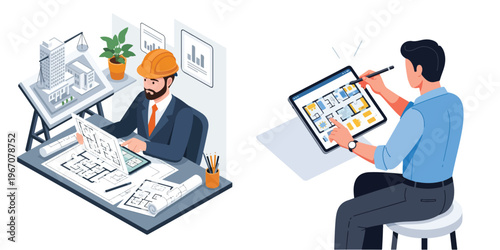 Architects collaborating on blueprints and digital designs, showcasing project development and planning stages