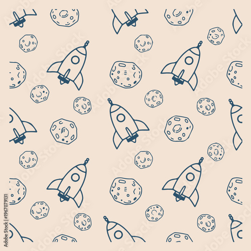 Seamless rocket and crescent moon pattern, blue line art space background, simple hand drawn cosmic wallpaper, minimalist shuttle and stars design, nursery galaxy print, sketchy spaceship fabric textu