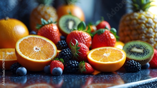 Still life composition of fresh citrus and berries on dark surface
