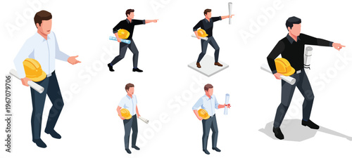 Isometric Vector Illustration Set of Male Architects and Engineers in Dynamic Poses, Holding Hard Hats and Blueprints, Representing Construction and Design Professionals