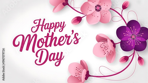 Mothers Day greeting card with pink and dark purple spring floral elements