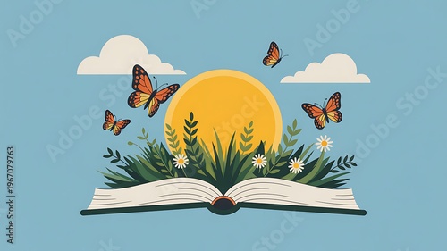 Nature elements emerge from open book with butterflies, sun, and clouds under blue sky